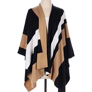 Parrish LA Stevie Poncho Sweater Black Camel Color Block One Size, Preloved